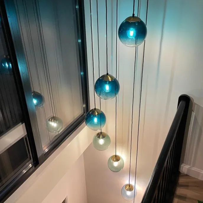 Art deco hanglamp messing met blauw glas 7-lichts - Pallon