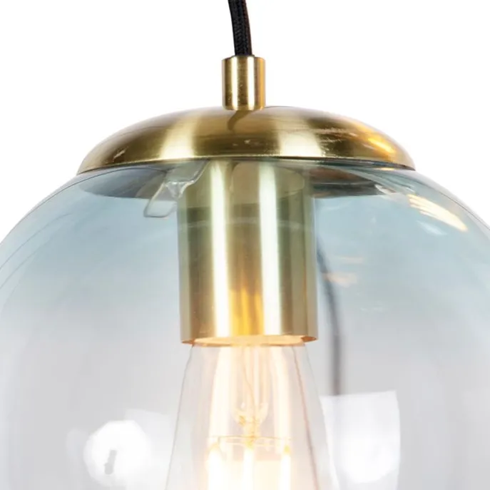 Art deco hanglamp messing met blauw glas 7-lichts - Pallon