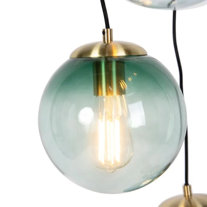 Art deco hanglamp messing met blauw glas 7-lichts - Pallon