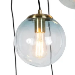Art deco hanglamp messing met blauw glas 7-lichts - Pallon