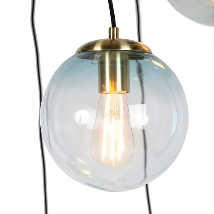 Art deco hanglamp messing met blauw glas 7-lichts - Pallon