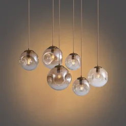 Art deco hanglamp messing met ovale plafondplaat en amber glas 6-lichts - Douglass