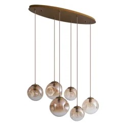 Art deco hanglamp messing met ovale plafondplaat en amber glas 6-lichts - Douglass