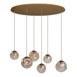 Art deco hanglamp messing met ovale plafondplaat en amber glas 6-lichts - Douglass