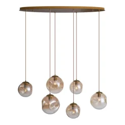 Art deco hanglamp messing met ovale plafondplaat en amber glas 6-lichts - Douglass