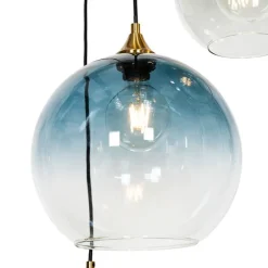 Art Deco Hanglamp messing met blauw glas rond 7-lichts - Sandra