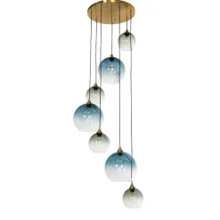 Art Deco Hanglamp messing met blauw glas rond 7-lichts - Sandra