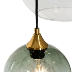 Art Deco Hanglamp messing met blauw glas rond 7-lichts - Sandra