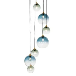 Art Deco Hanglamp messing met blauw glas rond 7-lichts - Sandra