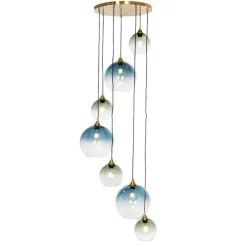 Art Deco Hanglamp messing met blauw glas rond 7-lichts - Sandra