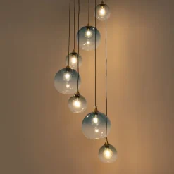 Art Deco Hanglamp messing met blauw glas rond 7-lichts - Sandra