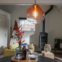 Art deco hanglamp messing met roze glas 33 cm - Pallon