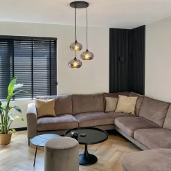 Art Deco hanglamp zwart met smoke glas rond 3-lichts- Busa