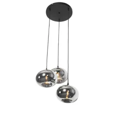 Art Deco hanglamp zwart met smoke glas rond 3-lichts- Busa