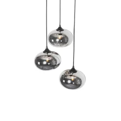 Art Deco hanglamp zwart met smoke glas rond 3-lichts- Busa