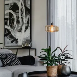 Art Deco hanglamp zwart met amber glas - Bizle