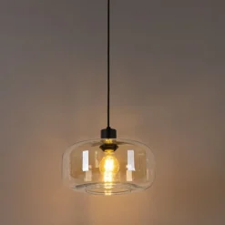 Art Deco hanglamp zwart met amber glas - Bizle