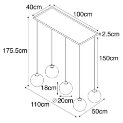 Art deco hanglamp zwart met smoke glas 5-lichts - Wallace