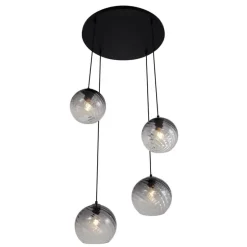 Art Deco hanglamp zwart met smoke glas rond 4-lichts - Bao
