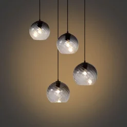 Art Deco hanglamp zwart met smoke glas rond 4-lichts - Bao