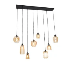 Art deco hanglamp zwart met amber glas 8-lichts - Hanne