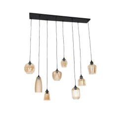 Art deco hanglamp zwart met amber glas 8-lichts - Hanne