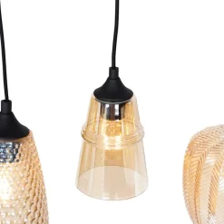 Art deco hanglamp zwart met amber glas 8-lichts - Hanne