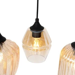 Art deco hanglamp zwart met amber glas 8-lichts - Hanne