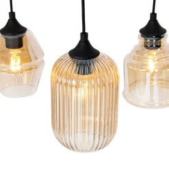 Art deco hanglamp zwart met amber glas 8-lichts - Hanne