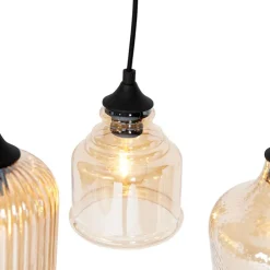 Art deco hanglamp zwart met amber glas 8-lichts - Hanne