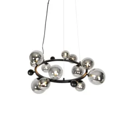 Art Deco hanglamp zwart met smoke glas 12-lichts - David