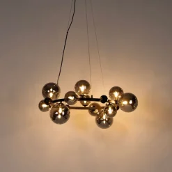 Art Deco hanglamp zwart met smoke glas 12-lichts - David
