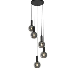 Art Deco hanglamp zwart met smoke glas rond 5-lichts - Josje