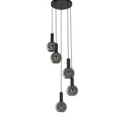 Art Deco hanglamp zwart met smoke glas rond 5-lichts - Josje