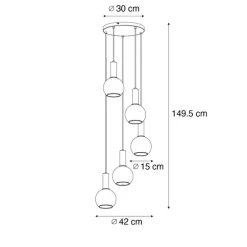 Art Deco hanglamp zwart met smoke glas rond 5-lichts - Josje