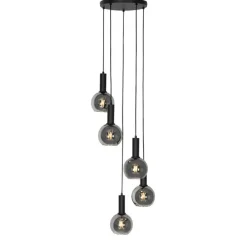 Art Deco hanglamp zwart met smoke glas rond 5-lichts - Josje