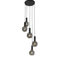 Art Deco hanglamp zwart met smoke glas rond 5-lichts - Josje
