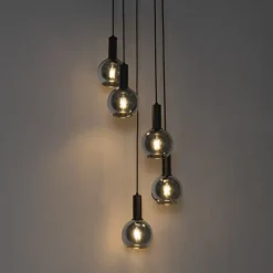 Art Deco hanglamp zwart met smoke glas rond 5-lichts - Josje