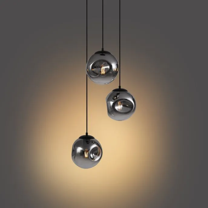 Art deco hanglamp zwart met smoke glas 3-lichts - Douglass