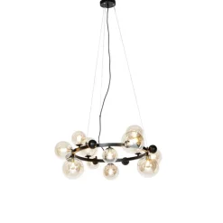 Art deco hanglamp zwart met amber glas 12-lichts - David