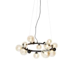 Art deco hanglamp zwart met amber glas 12-lichts - David
