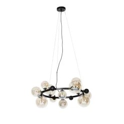Art deco hanglamp zwart met amber glas 12-lichts - David