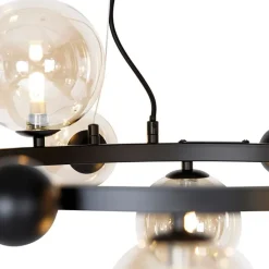 Art deco hanglamp zwart met amber glas 12-lichts - David