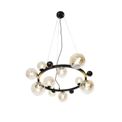 Art deco hanglamp zwart met amber glas 12-lichts - David