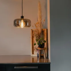 Art deco hanglamp zwart met smoke glas - Bizle