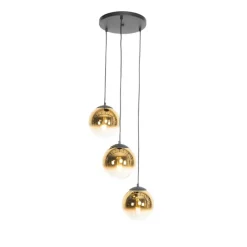 Art deco hanglamp zwart met goud glas rond 3-lichts - pallon