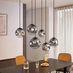 Art deco hanglamp zwart met ovale plafondplaat en smoke glas 6-lichts - Douglass