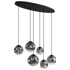 Art deco hanglamp zwart met ovale plafondplaat en smoke glas 6-lichts - Douglass