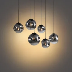 Art deco hanglamp zwart met ovale plafondplaat en smoke glas 6-lichts - Douglass