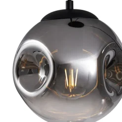 Art deco hanglamp zwart met ovale plafondplaat en smoke glas 6-lichts - Douglass